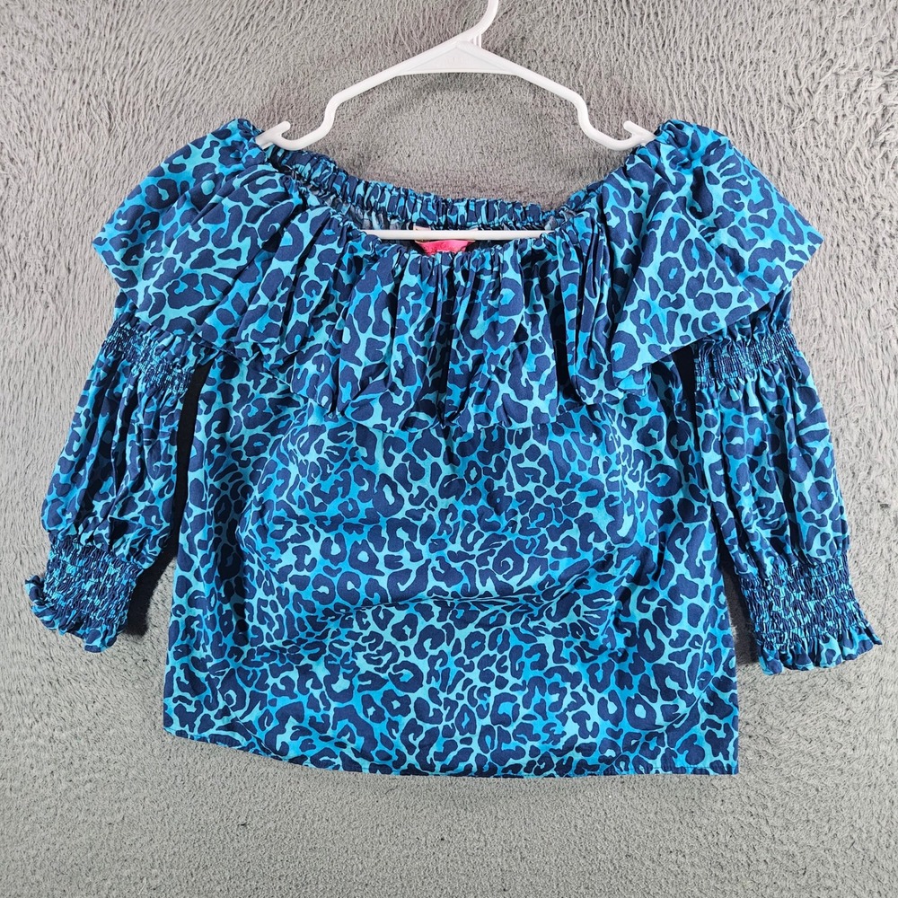 Lilly Pulitzer XXS Blue Leopard Print Off The Shoulder Ruffle Smocked Sleeve Top